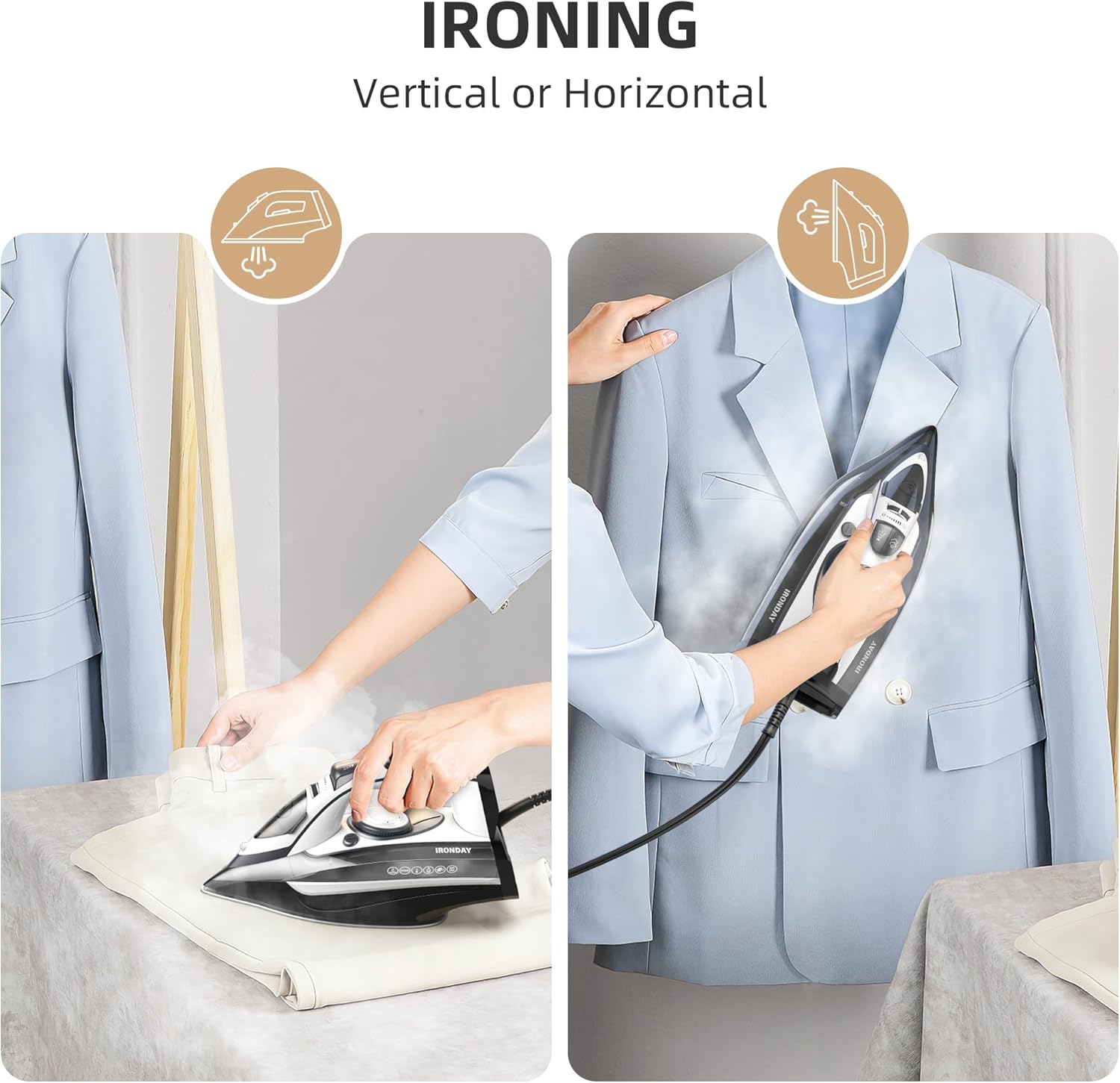 1700W Steam Iron for Clothes Rapid Heating, Stick Ceramic Soleplate, 3-Way Auto-Off, Burst of Steam, 14.07oz Water Tank Ironing Clothes for Home